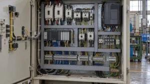 扉を開けた制御盤の内部に並ぶ遮断器とPLCと配線ダクト
