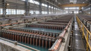 電解槽が並ぶ銅の電解工場（タンクハウス）の全景