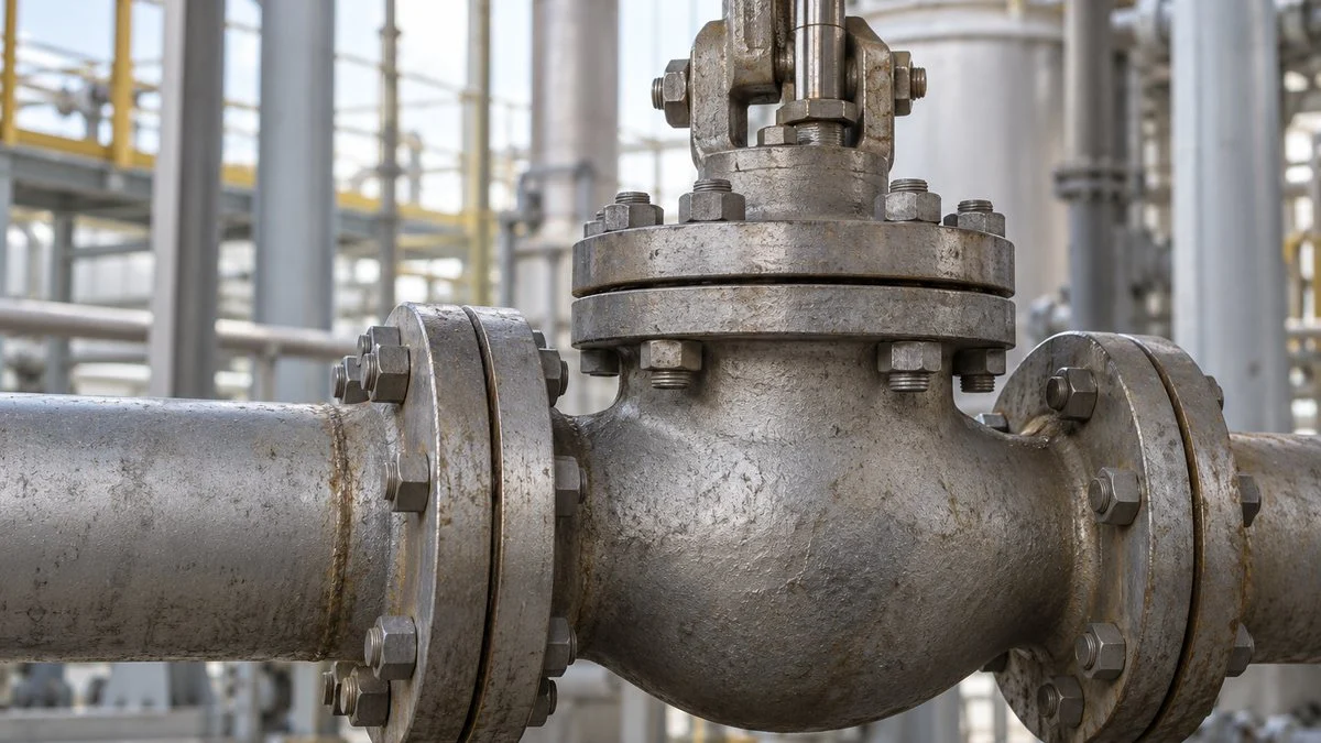 Flanged globe-style control valve body with bonnet and stem in a process plant