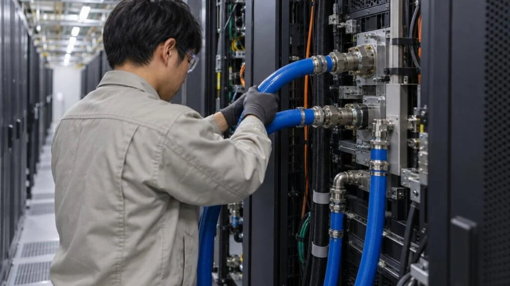 ラック背面のマニホールドに冷却ホースを接続する作業者の後ろ姿