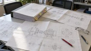 打合せ机に広げた機器の図面と仕様書の束、付箋と赤ペン