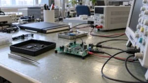 作業台の上で測定器につながれた評価ボードとICのサンプル