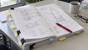 打合せ机の上の仕様書の束と赤ペン・付箋