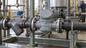 油移送配管に設置した容積式流量計と入口側ストレーナ