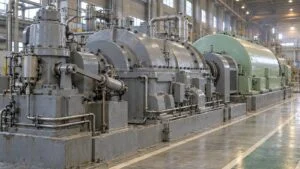 火力発電所のタービン発電機。手前に調速機（ガバナ）のある軸受台、奥に発電機
