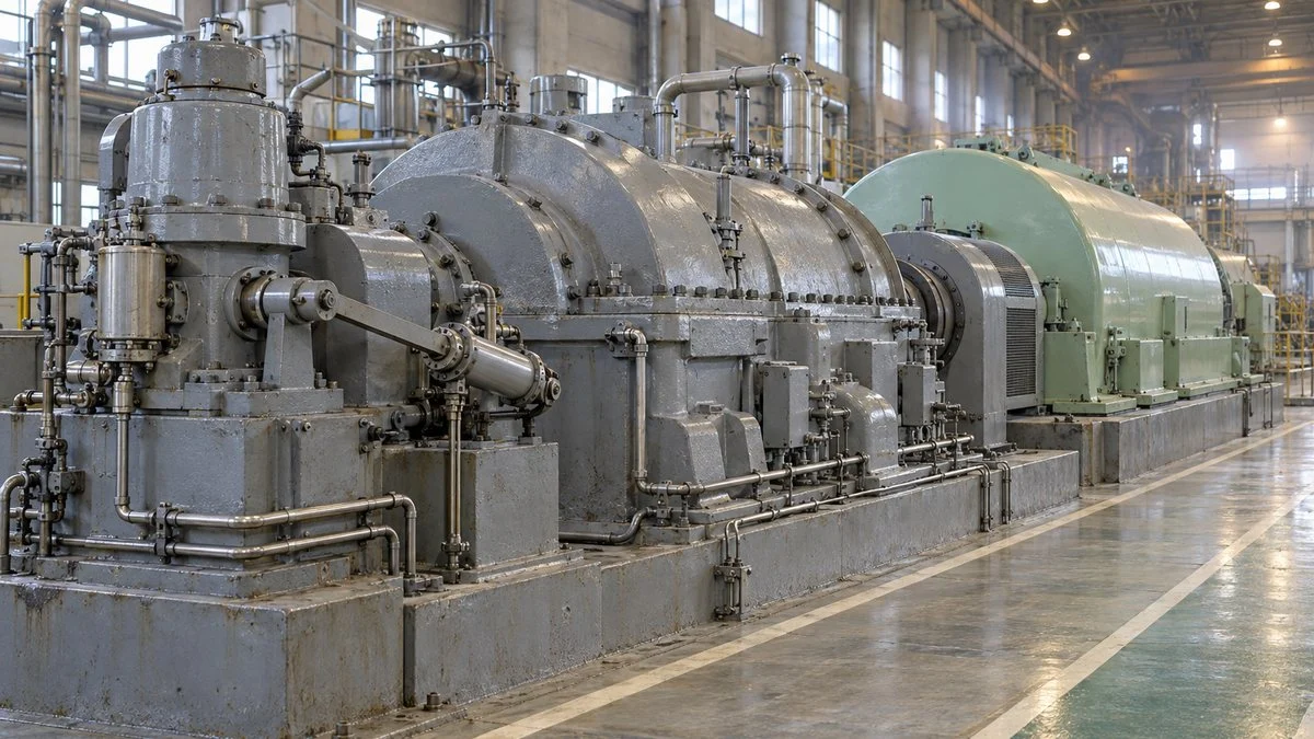 火力発電所のタービン発電機。手前に調速機（ガバナ）のある軸受台、奥に発電機