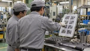 作業台で写真入りの手順書を指さして説明する班長と作業者