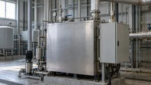 電気蒸気発生設備と閉じた制御盤のある機械室のイメージ