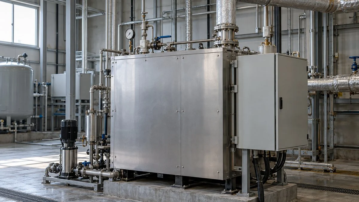 電気蒸気発生設備と閉じた制御盤のある機械室のイメージ