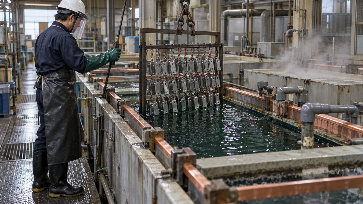 電気めっきの槽に吊るした部品を浸す作業者
