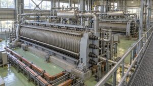 水素製造棟に並ぶアルカリ水電解の電解槽と配管