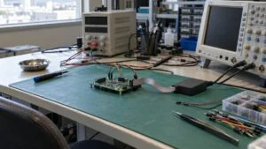 マイコン評価ボードとデバッガが置かれた組込み開発の作業机