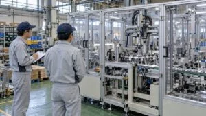 安全柵付きの自動組立セルを確認する2人の技術者