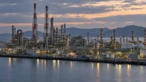 夕暮れの湾越しに見る臨海部の石油化学コンビナート