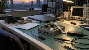 カバーを外した産業用IoTゲートウェイとデバッグ機器が並ぶ開発デスク