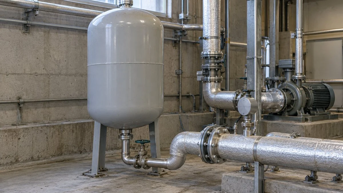 機械室の温水配管と循環ポンプにつながる密閉式の膨張タンク