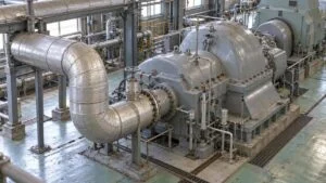 工場の自家発電設備で蒸気タービンの側面から抽気配管が分岐している様子