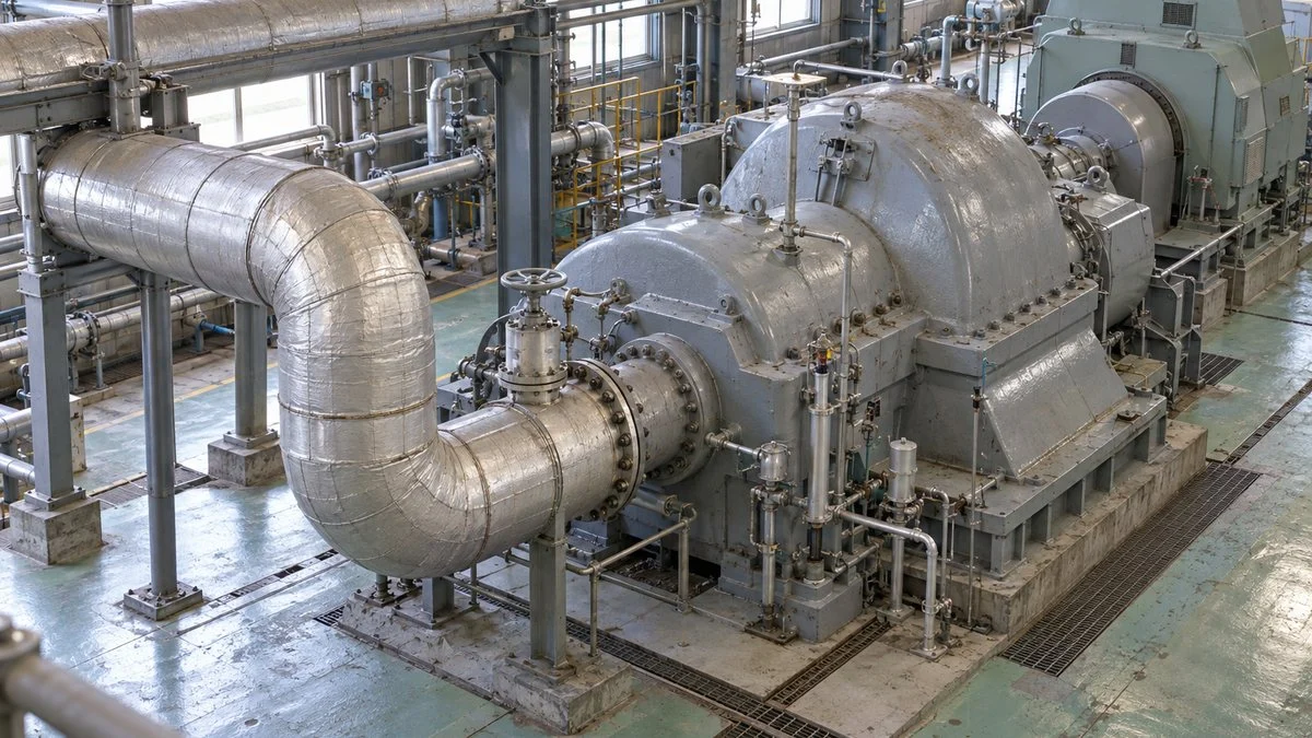 工場の自家発電設備で蒸気タービンの側面から抽気配管が分岐している様子