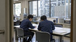 工場の管理室でエネルギー使用記録を確認する担当者のイメージ