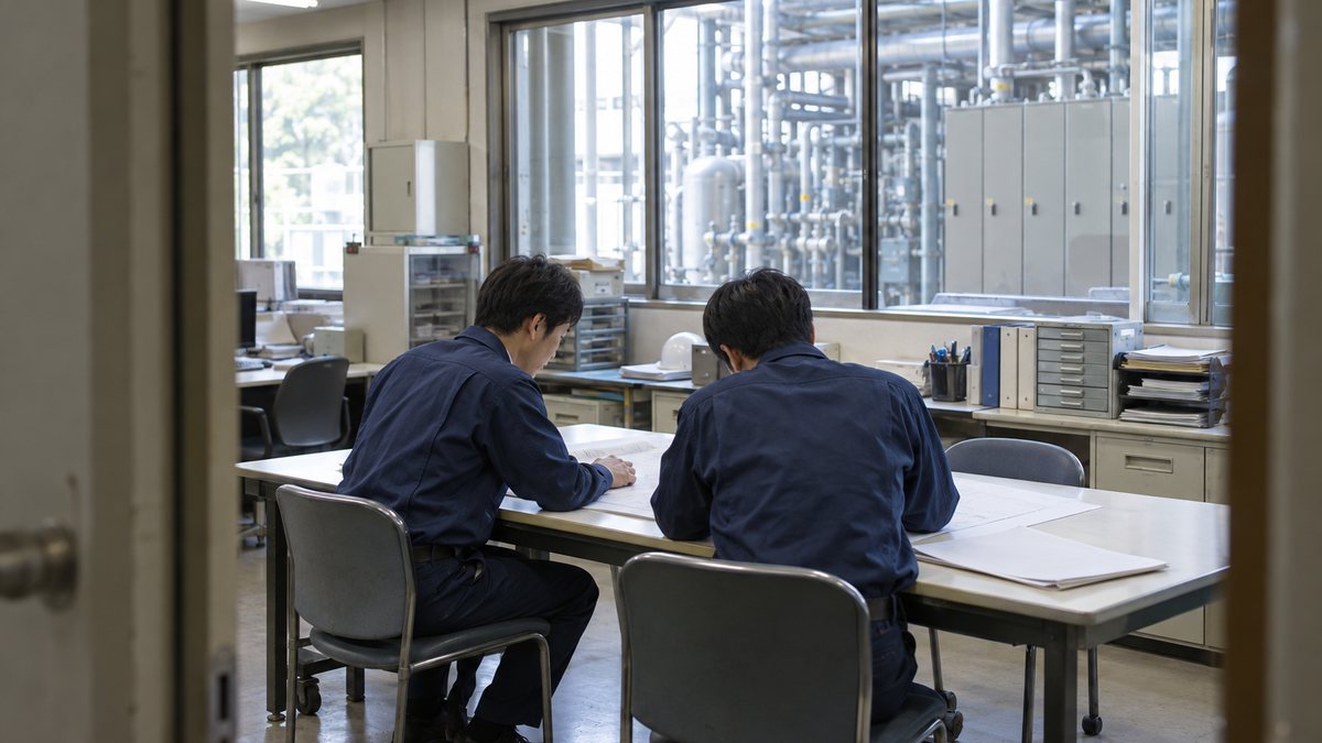 工場の管理室でエネルギー使用記録を確認する担当者のイメージ