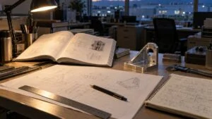 技術書と部品図、アルミ部品が置かれた技術者の机