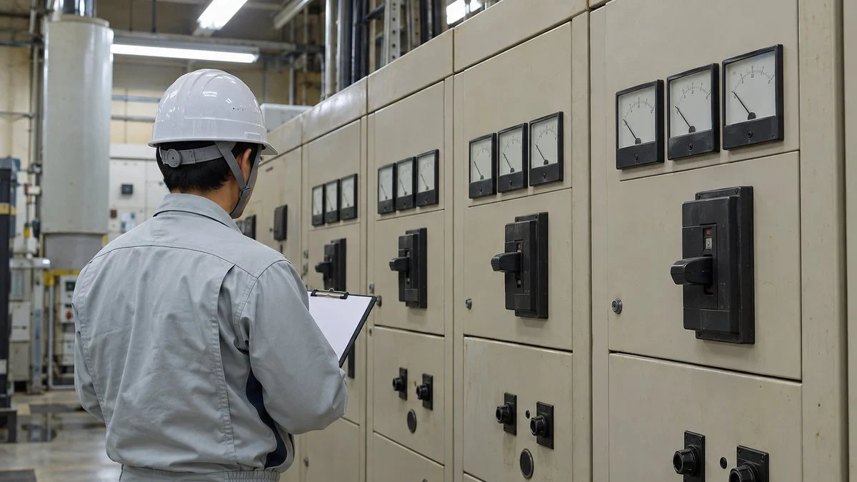 電気室の配電盤の計器を確認する保全担当者の後ろ姿