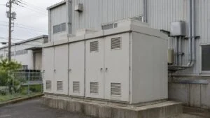工場の建屋脇に設置された屋外キュービクル式高圧受電設備