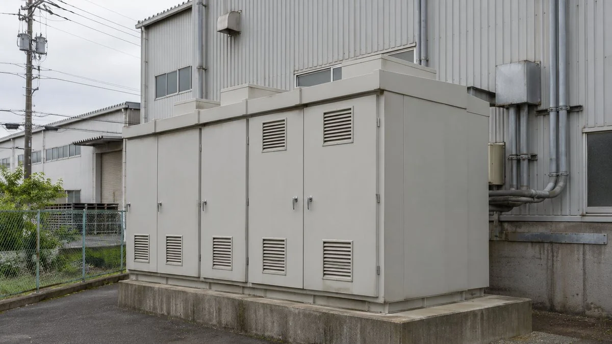 工場の建屋脇に設置された屋外キュービクル式高圧受電設備