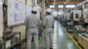 工場の通路で生産管理板を確認する作業者の後ろ姿
