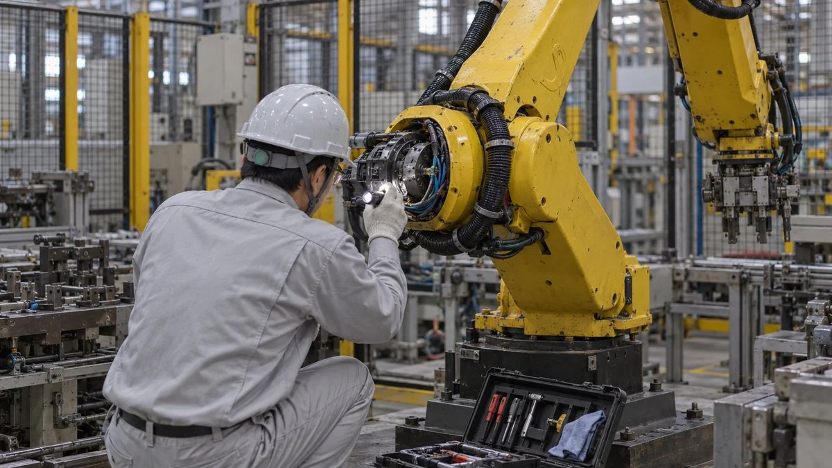停止した産業用ロボットの手首部と配線を点検する保守担当者