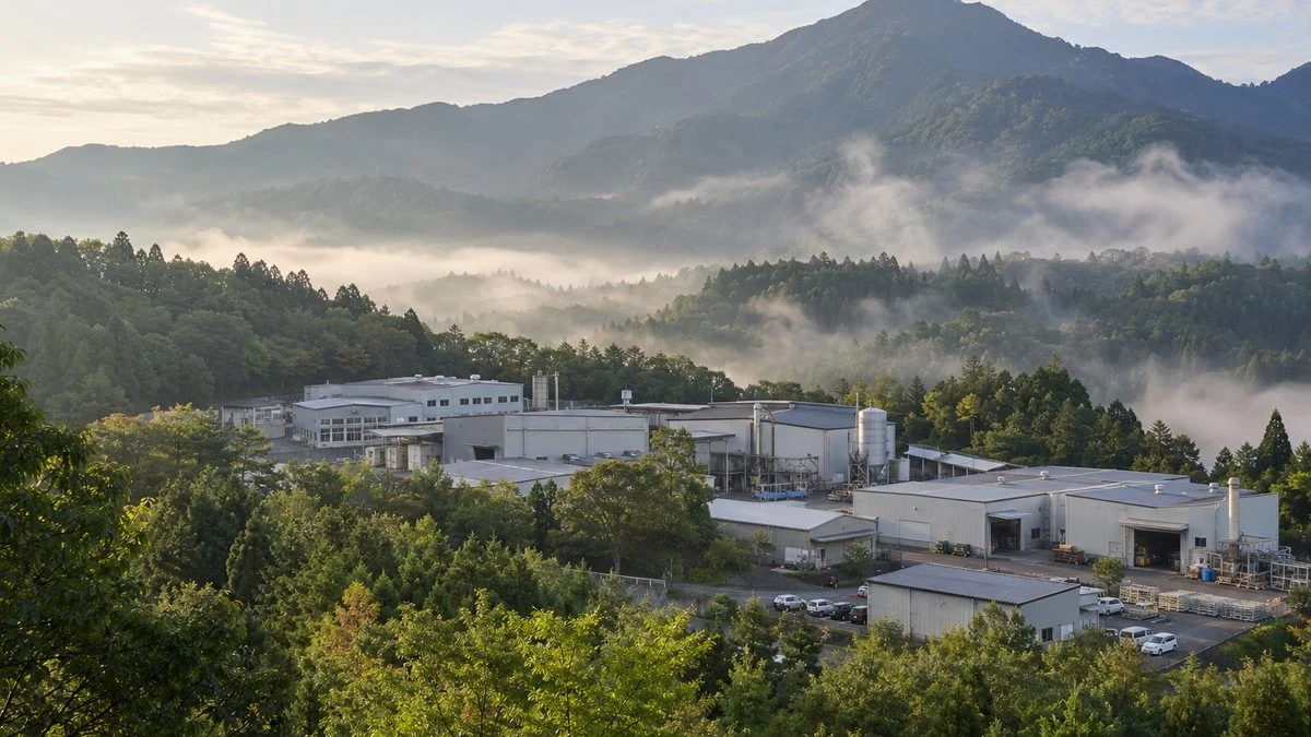 山のふもとの森に囲まれた低層の工場群