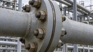 石油化学プラントの配管のフランジ継手とスタッドボルトの接写