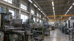 天井に直管蛍光灯の器具が並ぶ金属加工工場の通路