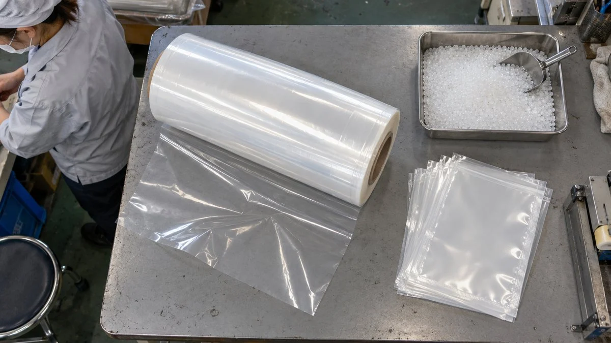 包装フィルムのロールと食品用の透明パウチ、樹脂ペレット
