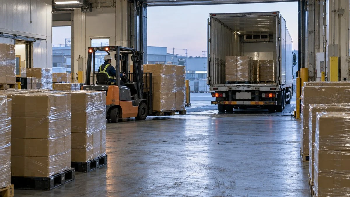 冷蔵倉庫の荷積み場に並ぶ段ボールのパレットと冷蔵トラック