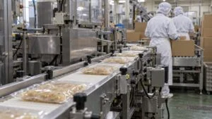 食品工場の包装ラインで袋詰めされた製品が箱詰め機へ流れる様子