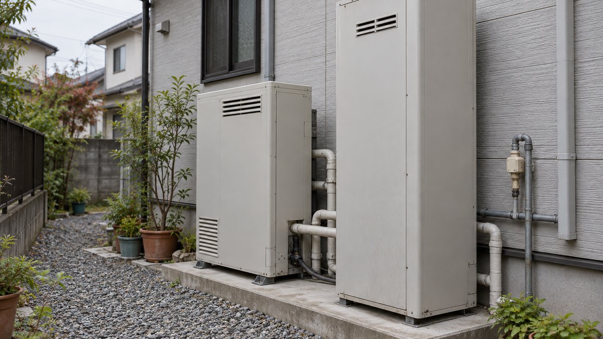住宅の外壁沿いに置かれた家庭用燃料電池ユニットと貯湯タンク