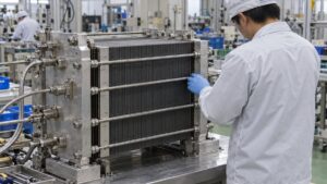 燃料電池スタックの組立工程で積層セルを確かめる作業者