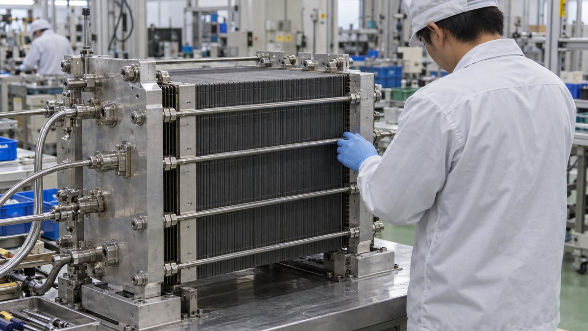 燃料電池スタックの組立工程で積層セルを確かめる作業者