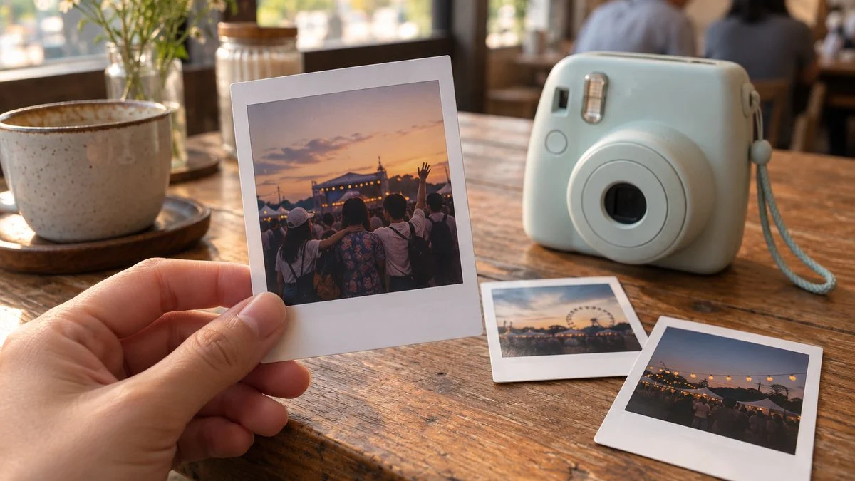手に持ったインスタント写真と木のテーブルの上のインスタントカメラ