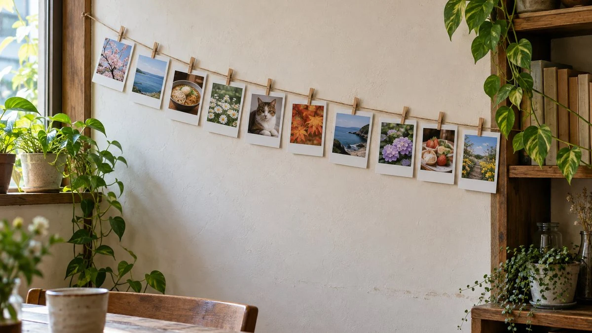 壁に張った紐にクリップで留めたインスタント写真のプリント