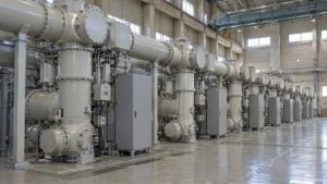 屋内変電所に並ぶガス絶縁開閉装置の円筒形タンク