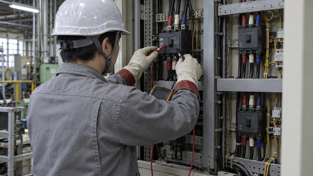分電盤の遮断器を絶縁抵抗計で測定する保全担当者