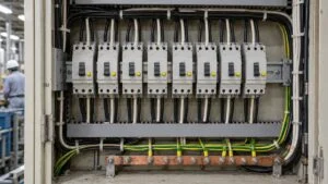 工場の分電盤に並ぶ漏電遮断器と接地線