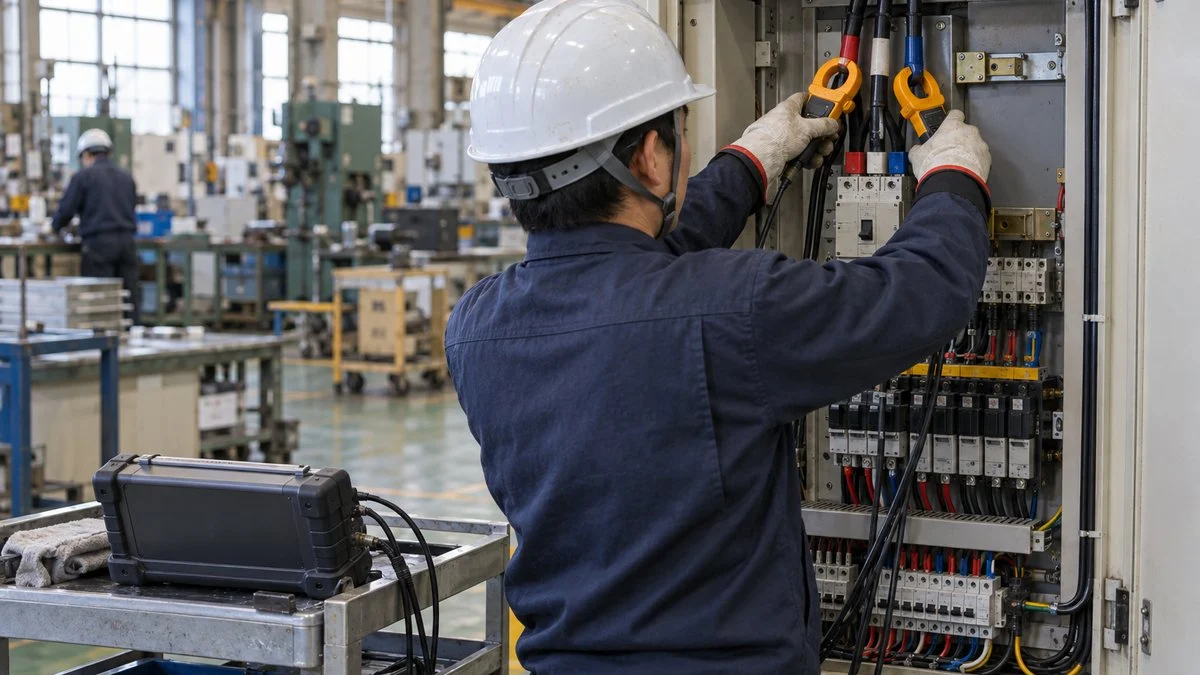 配電盤のケーブルに電流クランプを取り付ける作業