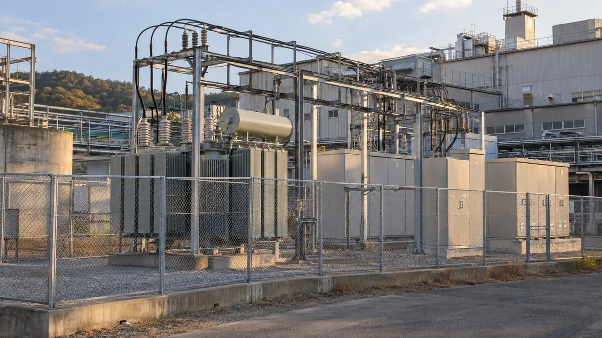 工場の屋外受変電設備と変圧器