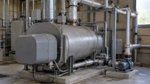 機械室の温水ボイラーと保温された配管