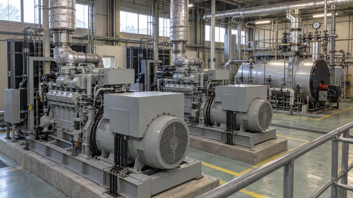 工場の機械室に並ぶガスエンジン発電機とボイラー