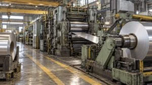 軽金属の薄板コイルを巻き戻しながら圧延する工場の圧延機