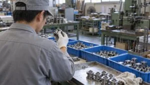 作業台で部品箱の部品を手に取り照合する作業者の後ろ姿